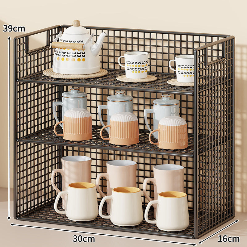Three-Tier Wire Grid Countertop Display Shelf with Faux-Wood Removable Trays