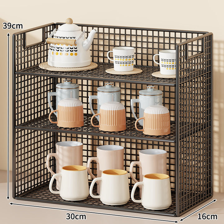 Three-Tier Wire Grid Countertop Display Shelf with Faux-Wood Removable Trays