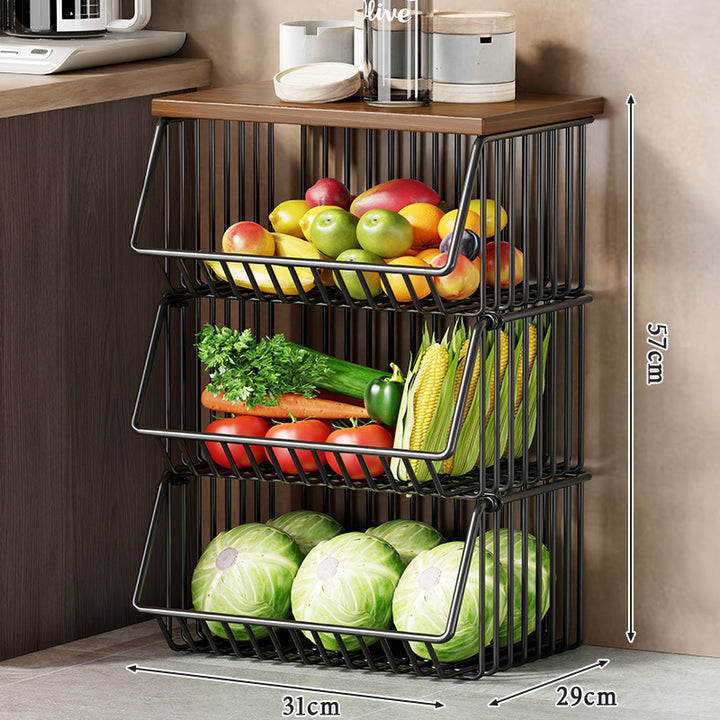 Vertical Five-Tier Rolling Kitchen Produce Storage Cart with Wooden Top and Pull-Out Wire Baskets