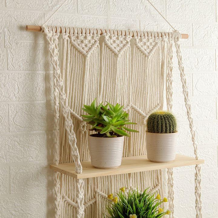Decorative Wall-Mounted Macrame Shelf with Natural Wooden Accents