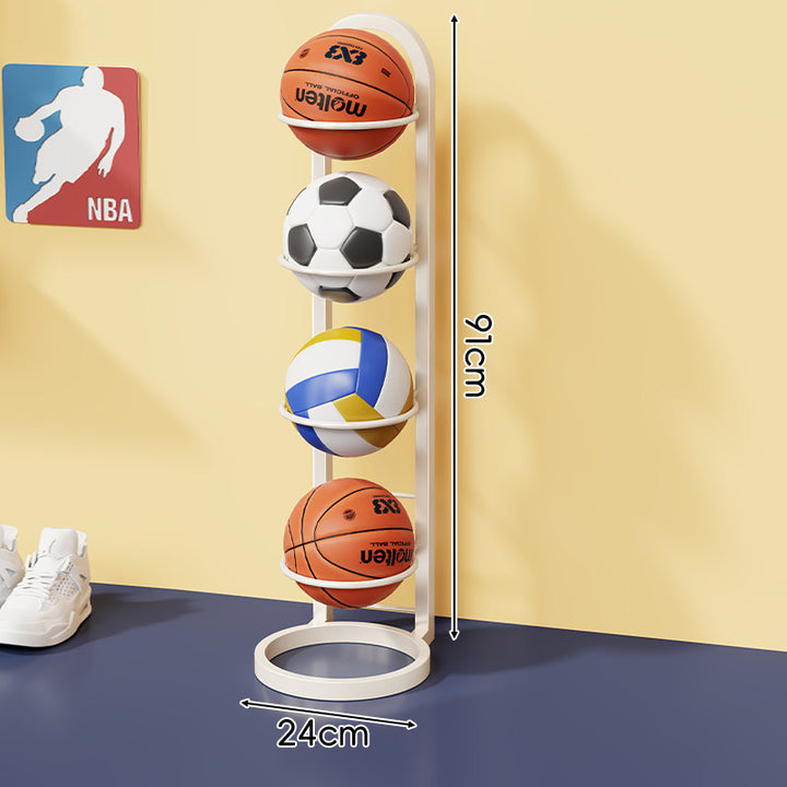 Vertical Sports Ball Storage Rack with Four Hoop Holders and Slim Metal Frame