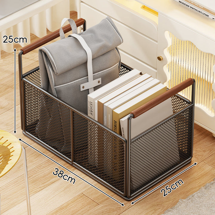Rectangular Metal Mesh Storage Basket with Wooden Handle Rack