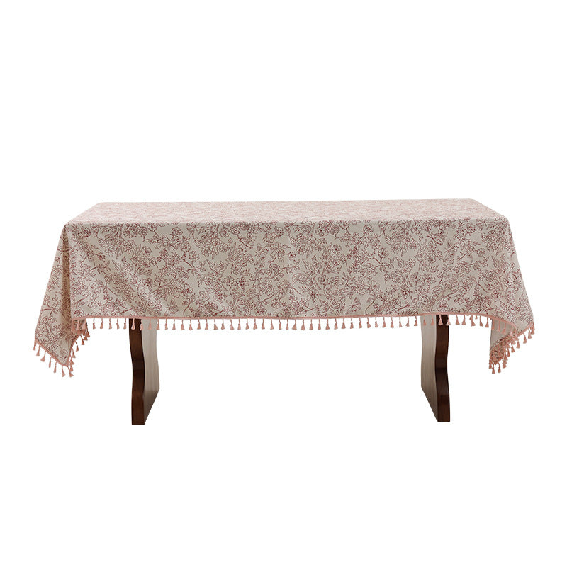 Tablecloth made of cotton blend fabric with floral jacquard look and tassel trim