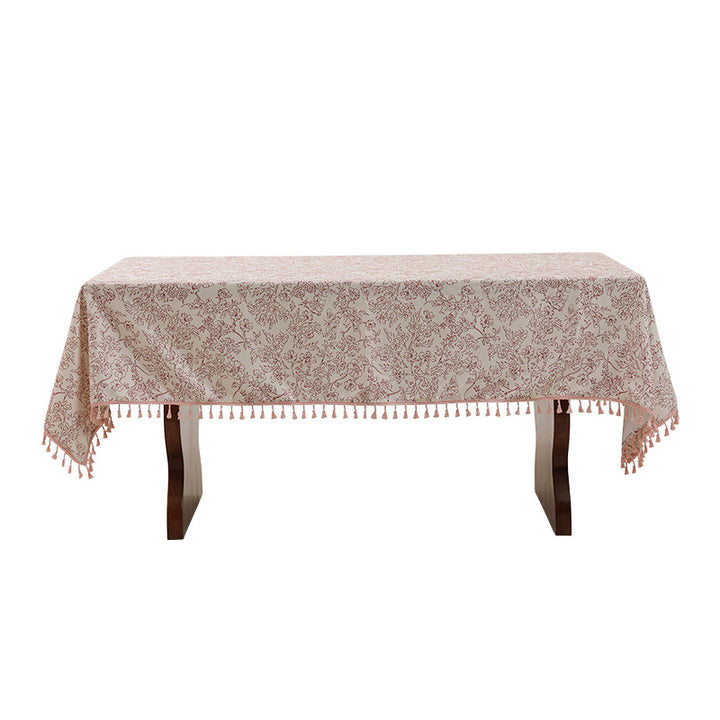 Tablecloth made of cotton blend fabric with floral jacquard look and tassel trim