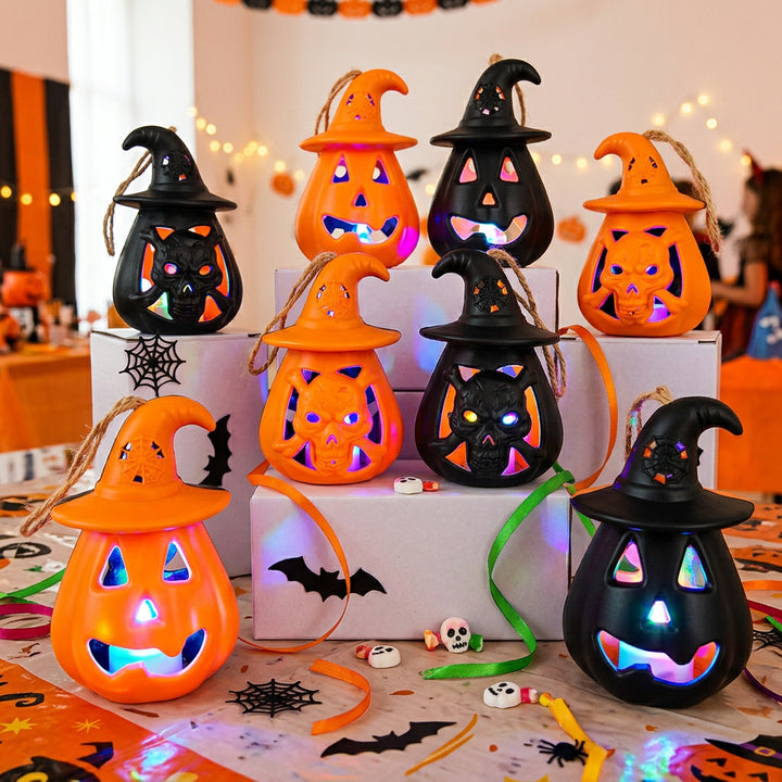 Halloween hanging LED pumpkin lantern ceramic ornament lantern with witch hat and jute rope