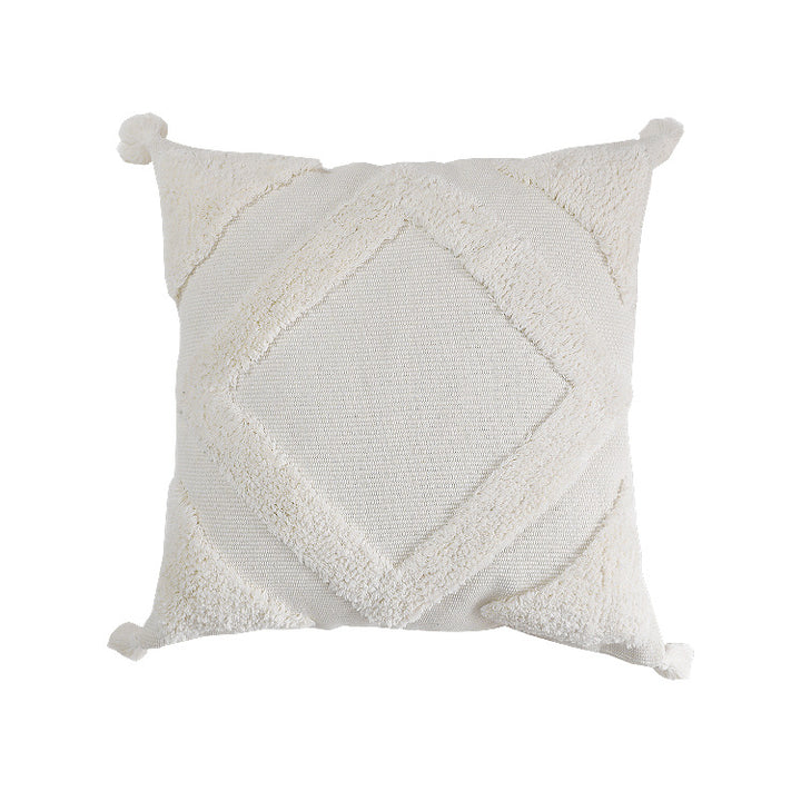 Woven decorative cushion cover with high pile, diamond tufting and tassels