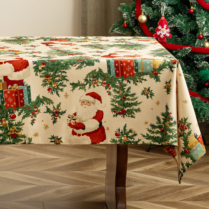 Festive tablecloth with Santa Claus illustration and wipeable surface