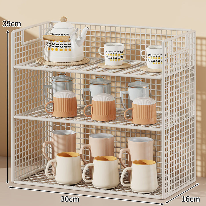 Three-Tier Wire Grid Countertop Display Shelf with Faux-Wood Removable Trays