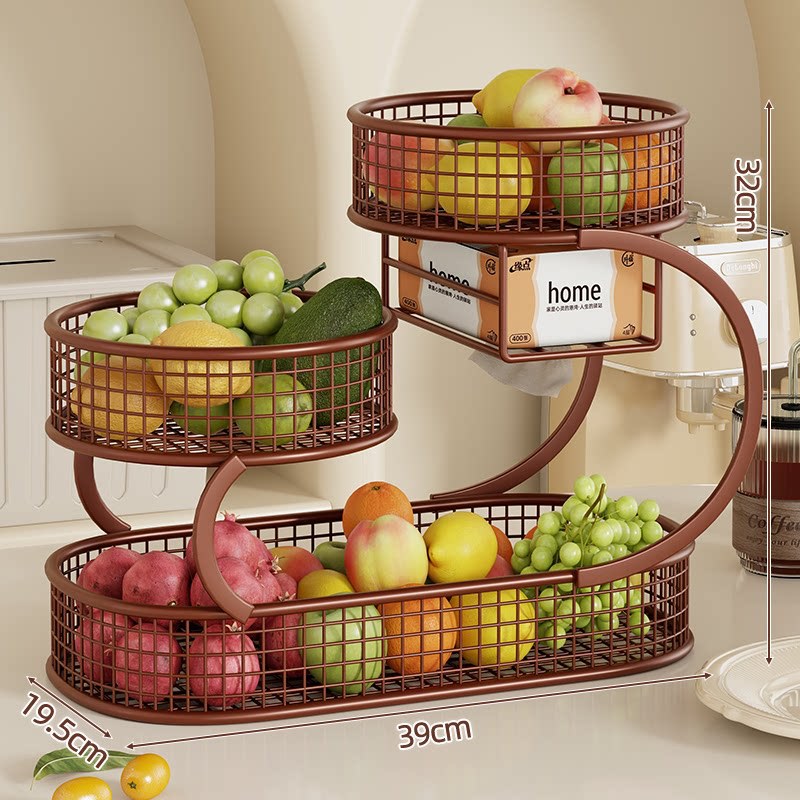Multi-Level Spiral Metal Fruit and Produce Storage Stand with Mesh Baskets and Tissue Box Shelf