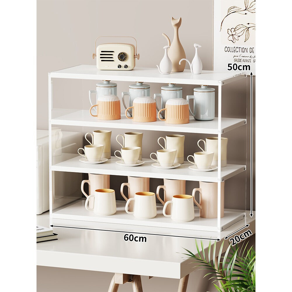 Multi-Level Bamboo-Style Countertop Kitchen Mug and Canister Organizer Shelf with Open Wood Shelves and Slim Metal Frame
