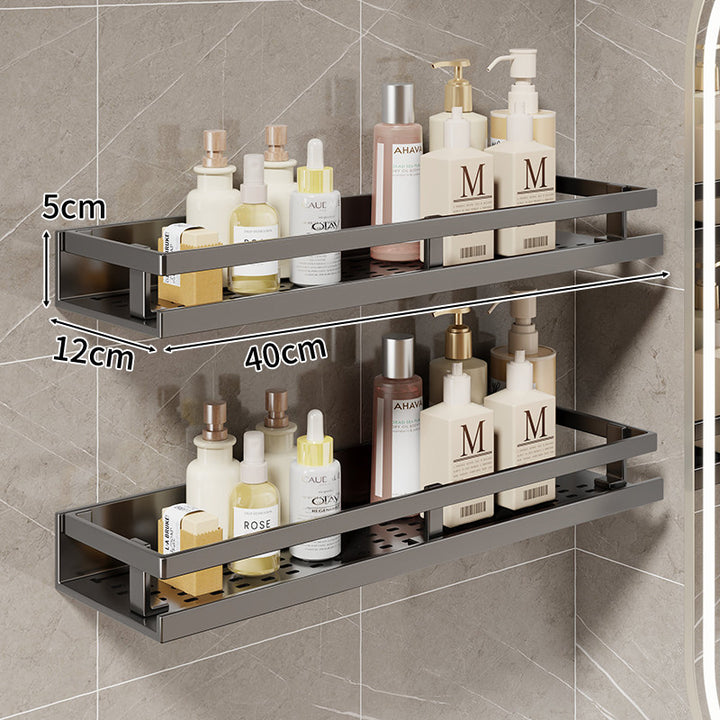 Compact Wall-Mounted Bathroom Shelf with Integrated Towel Rail and Multi-Hook Metal Organizer
