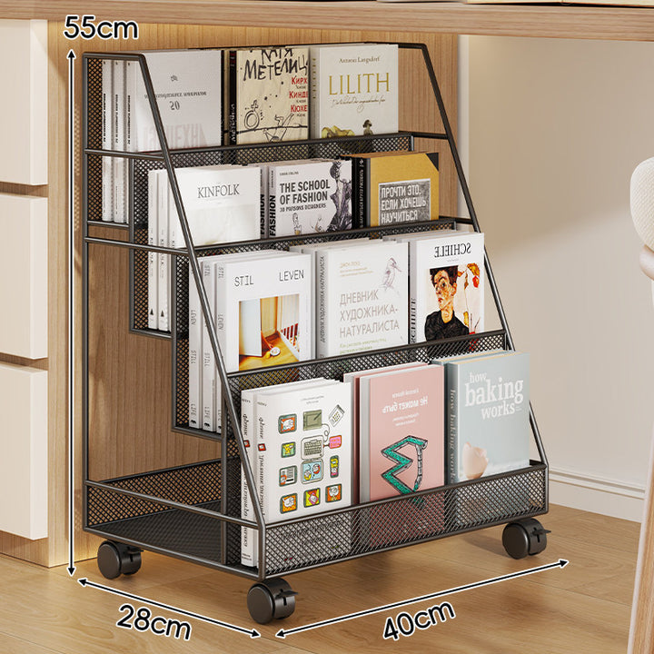Angled Mesh Rolling Book and Magazine Display Rack with Slanted Shelves and Swivel Casters