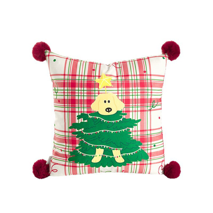 Square Christmas decorative cushion with pom-pom corners and printed dog design