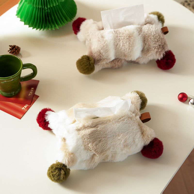 Handy tissue storage made of faux fur with leather handle and pompom