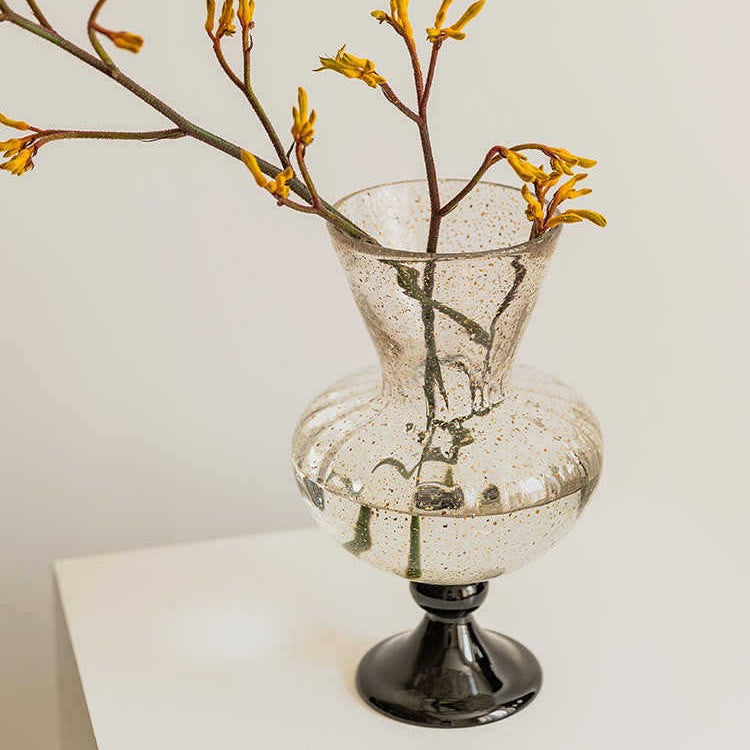 Speckled Hand-Blown Ribbed Pedestal Glass Vase