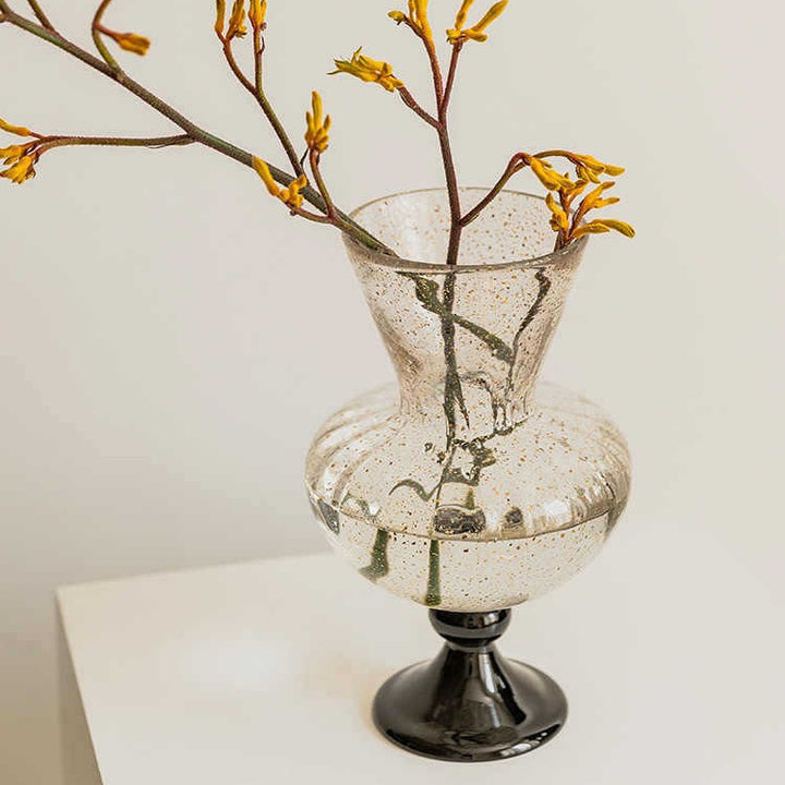 Speckled Hand-Blown Ribbed Pedestal Glass Vase