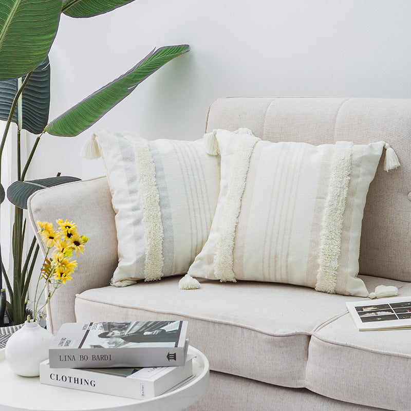 Square decorative cushion cover with boucle trims, tassels, and concealed zipper