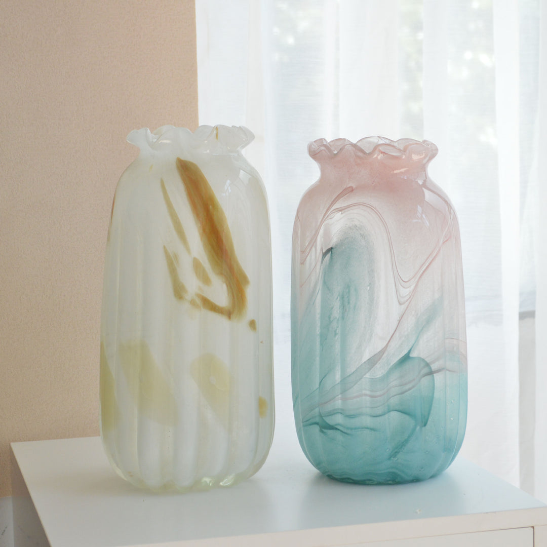 Hand-Blown Marbled Tall Glass Vase with Ruffled Lip and Sculpted Swirl Pattern