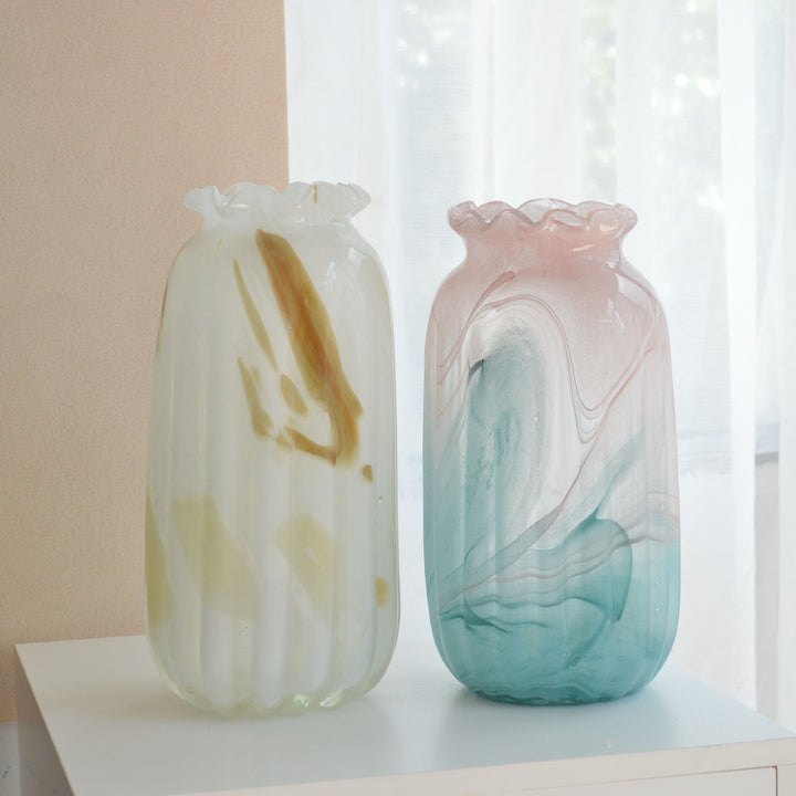 Hand-Blown Marbled Tall Glass Vase with Ruffled Lip and Sculpted Swirl Pattern