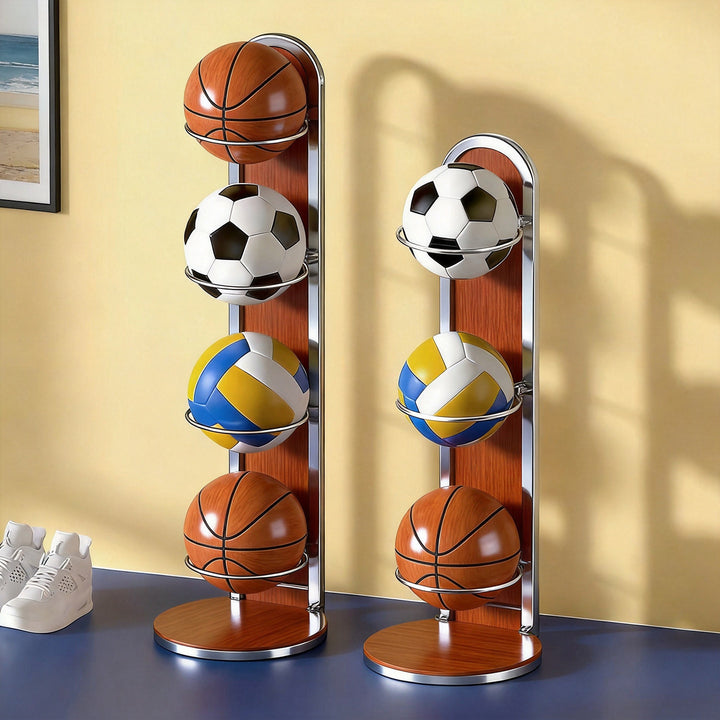 Three-Tier Vertical Sports Ball Storage Rack with Wall-Ready Base and Circular Cradles