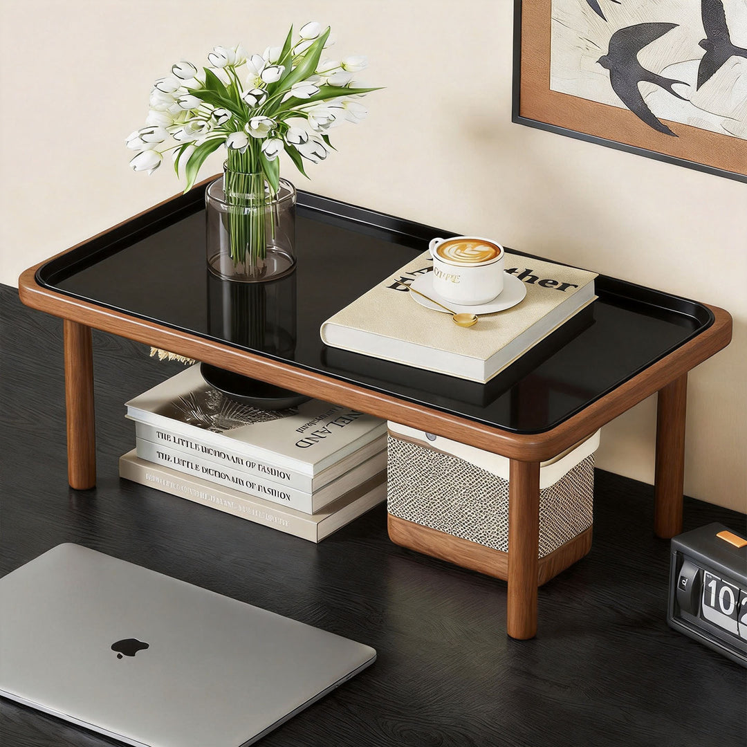 Compact Solid Wood Elevated Desk Display Stand with Under-Shelf Storage and Rounded Leg Design