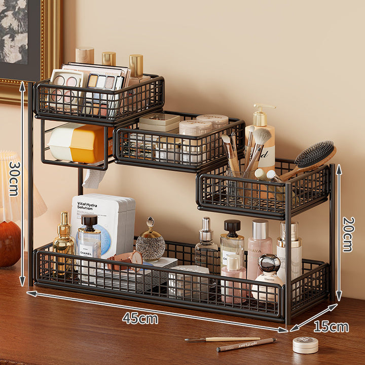 Multi-Tier Metal Mesh Vanity Organizer with Tissue Holder and Adjustable Shelves