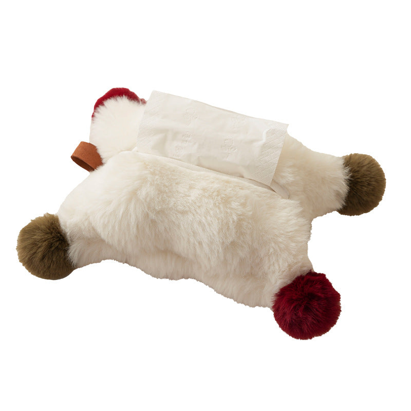Handy tissue storage made of faux fur with leather handle and pompom