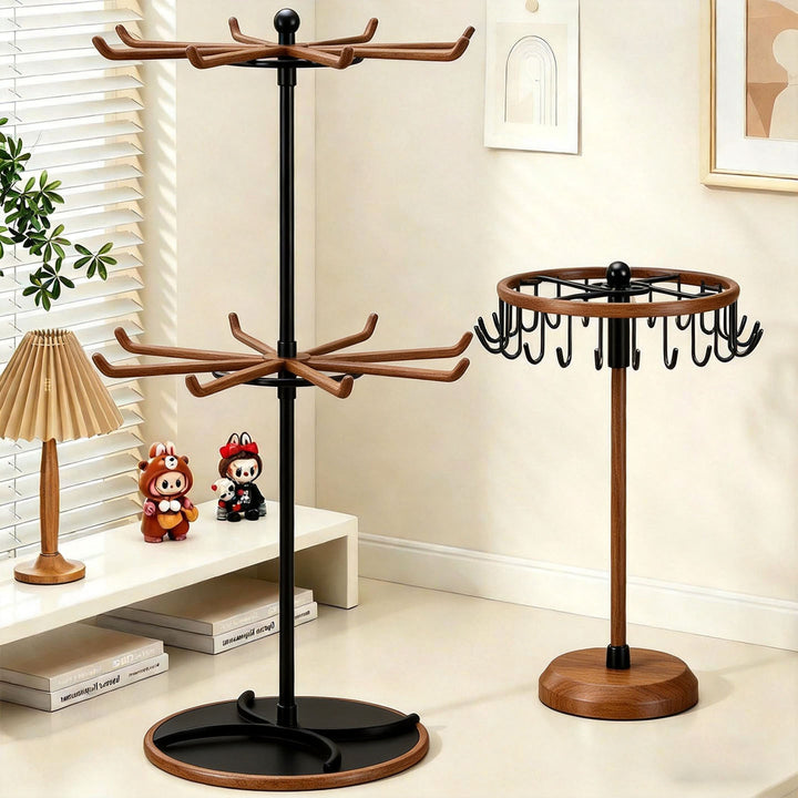 Rotating Tiered Jewelry Organizer Stand with Multi-Arm Hooks and Circular Ring Trays