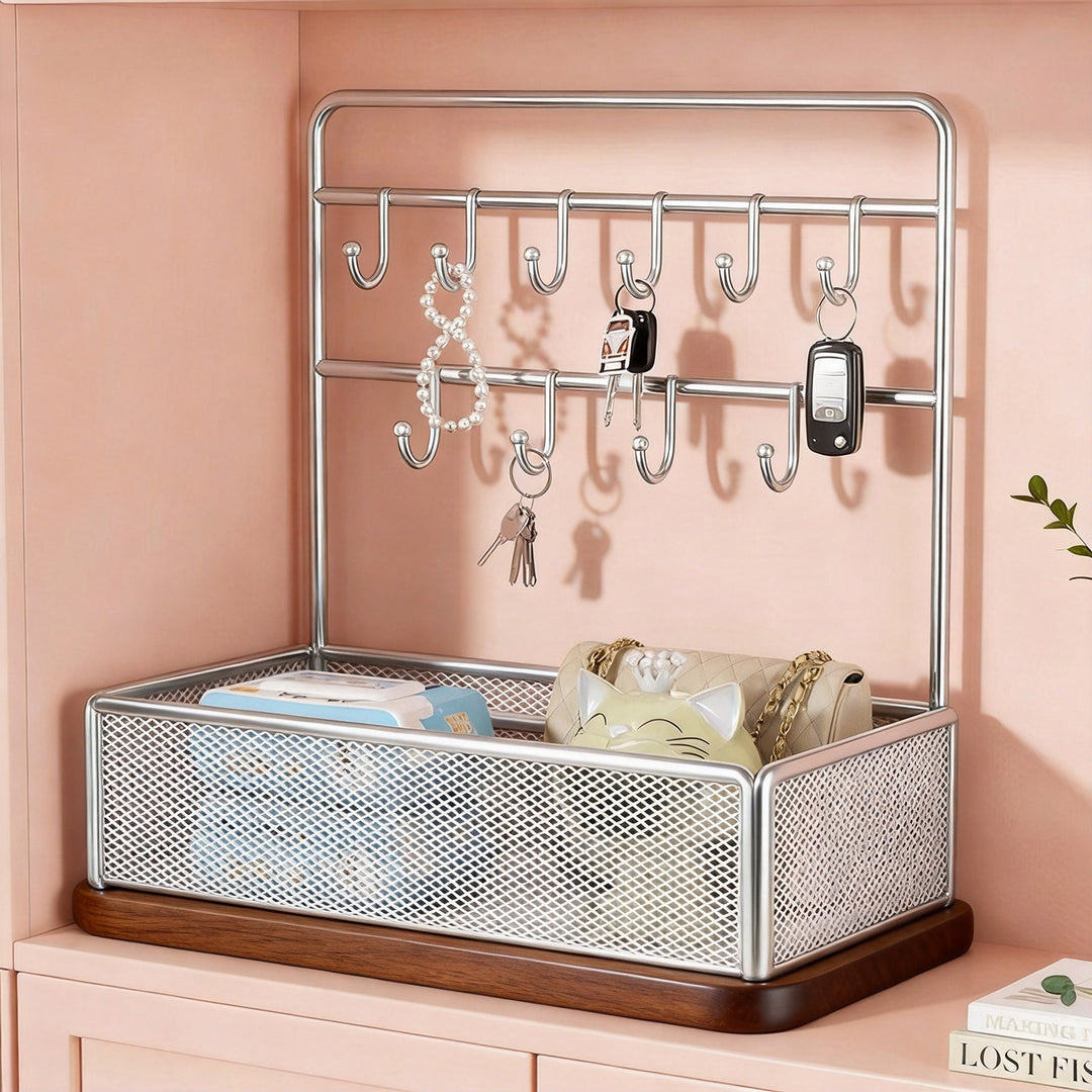 Mesh Two-Tier Entryway Organizer with Key Hooks and Deep Mesh Baskets
