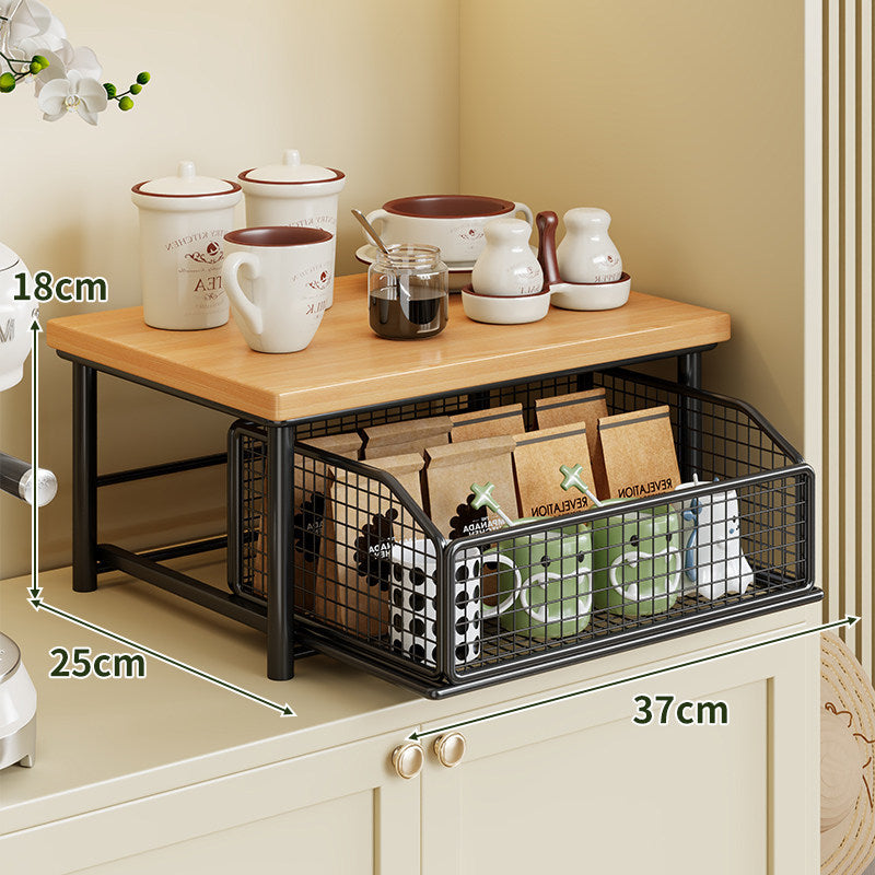 Countertop Wooden Top Metal Storage Rack with Sliding Wire Basket