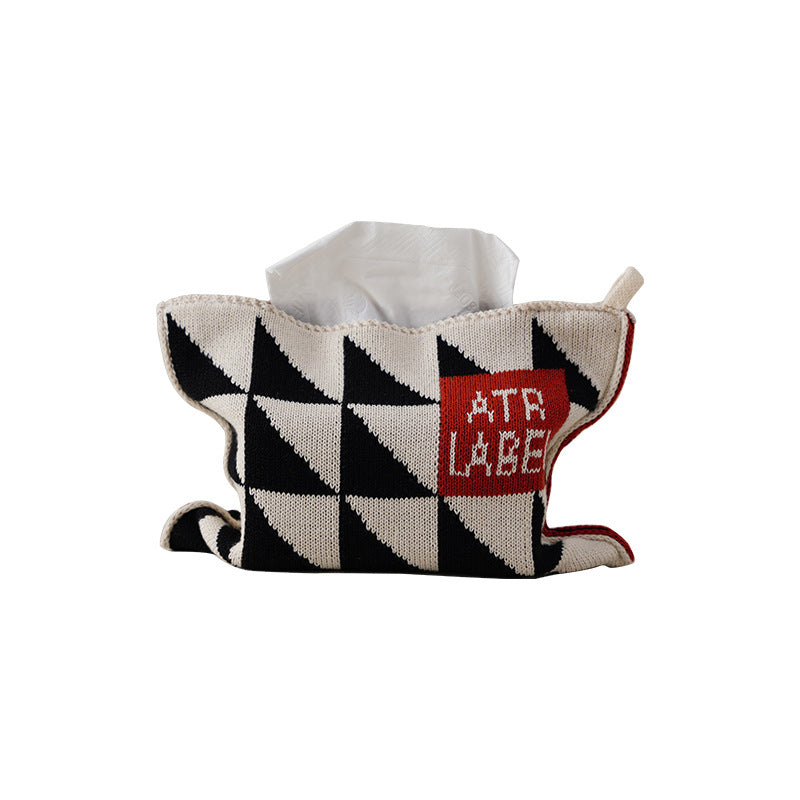 Knitted tissue box cover with geometric jacquard pattern and zipper