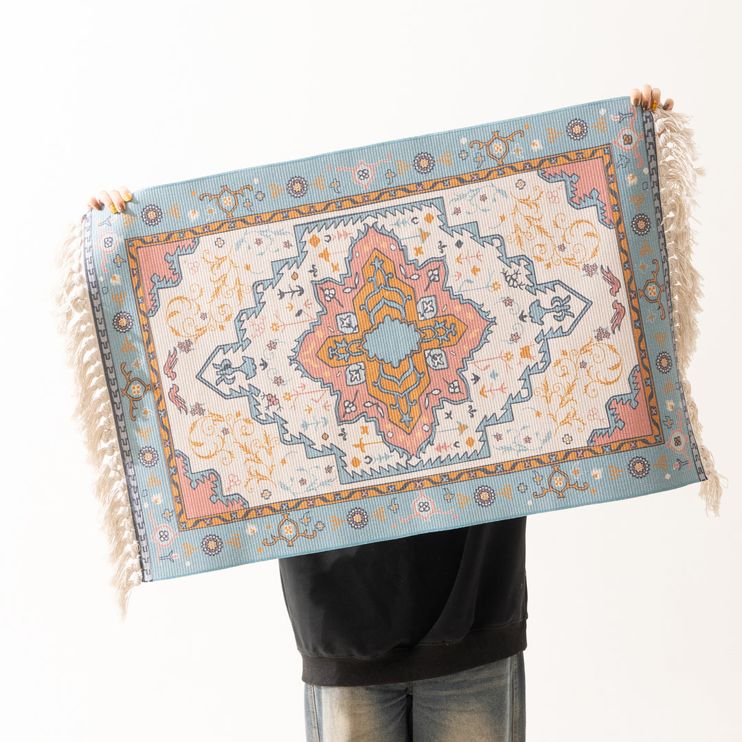Woven oriental carpet runner with fringes and intricate medallion pattern