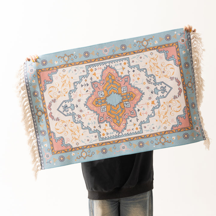 Woven oriental carpet runner with fringes and intricate medallion pattern
