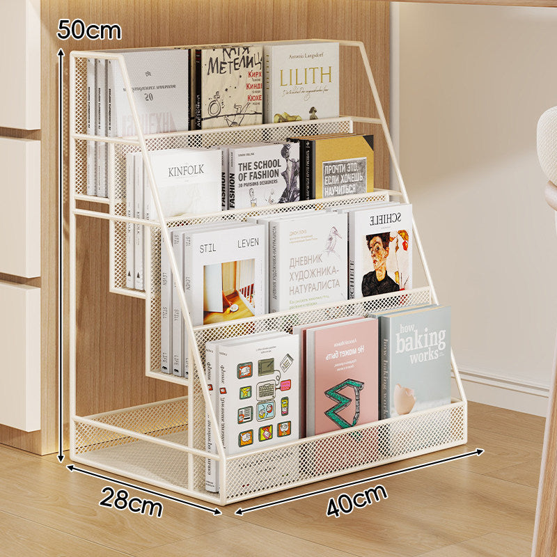 Angled Mesh Rolling Book and Magazine Display Rack with Slanted Shelves and Swivel Casters