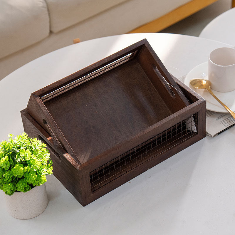 Wooden storage box with metal grid