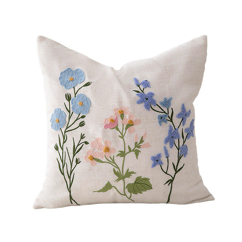 Embroidered linen decorative pillow with botanical flower embroidery