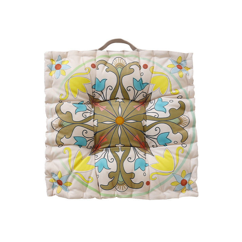 Round seat cushion with mandala print, thickly padded floor seating mat and carrying handle