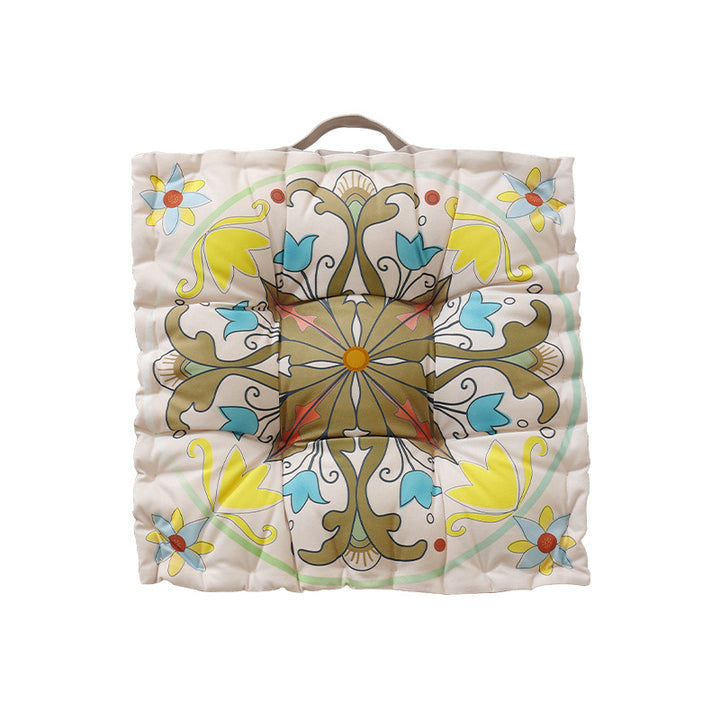 Round seat cushion with mandala print, thickly padded floor seating mat and carrying handle