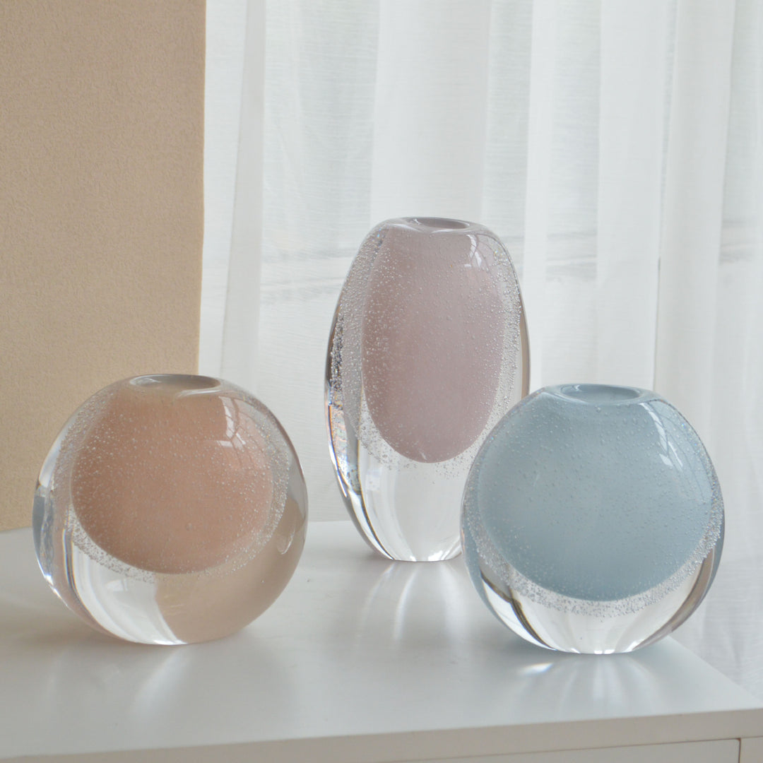 Hand-Blown Bubble-Encased Oval Decorative Glass Bud Vase Set