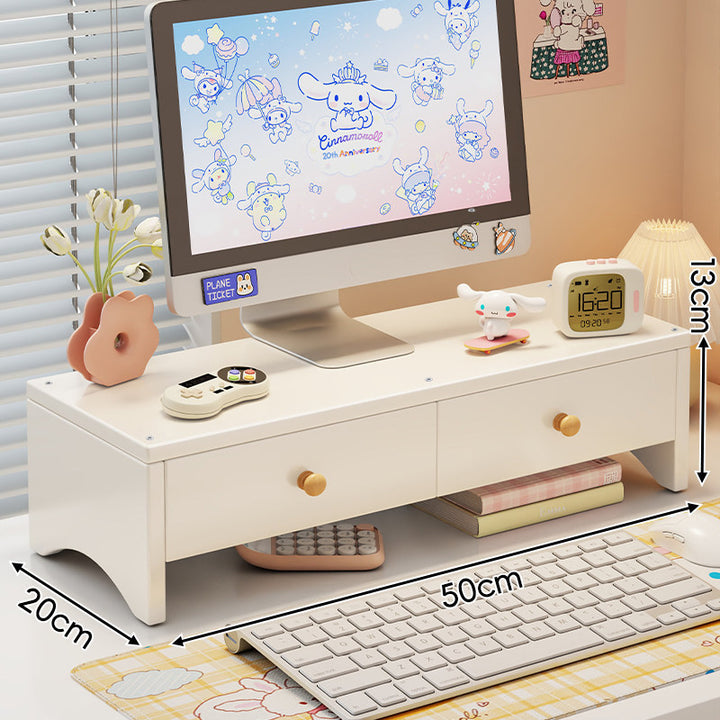 Dual-Height Wooden Monitor Riser and Desktop Organizer with Two Drawers