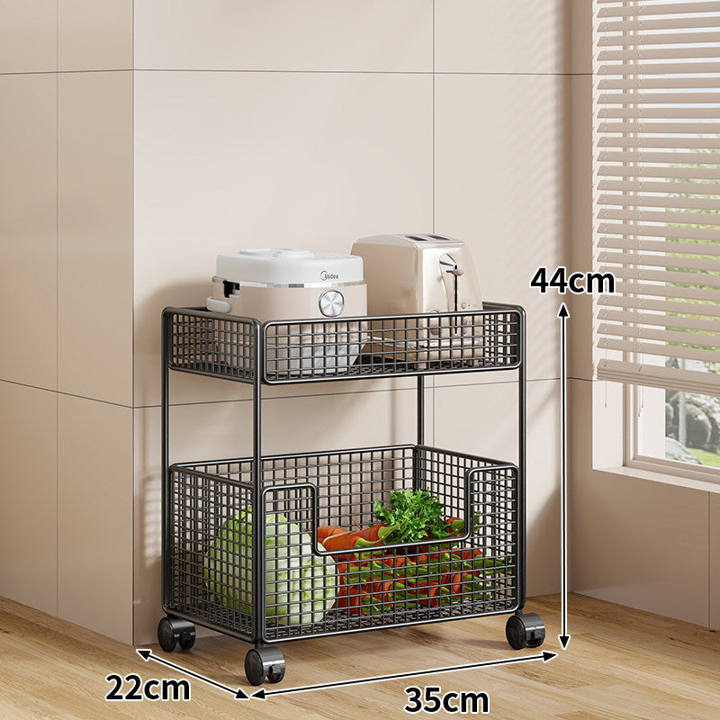 Rolling Metal Mesh Produce Storage Cart with Tall Vertical Compartment and Removable Shelves