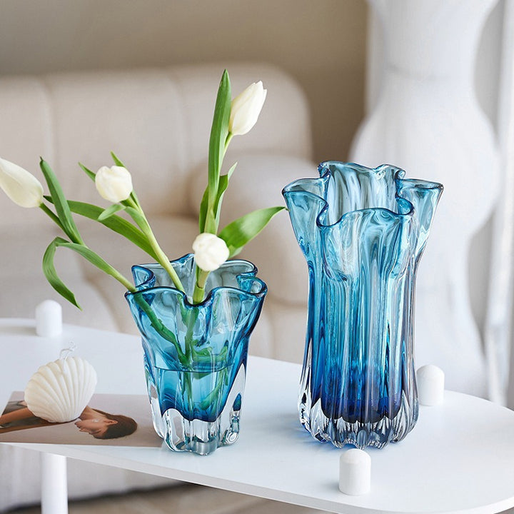 Tall Fluted Art Glass Centerpiece Vase with Sculpted Ruffled Rim