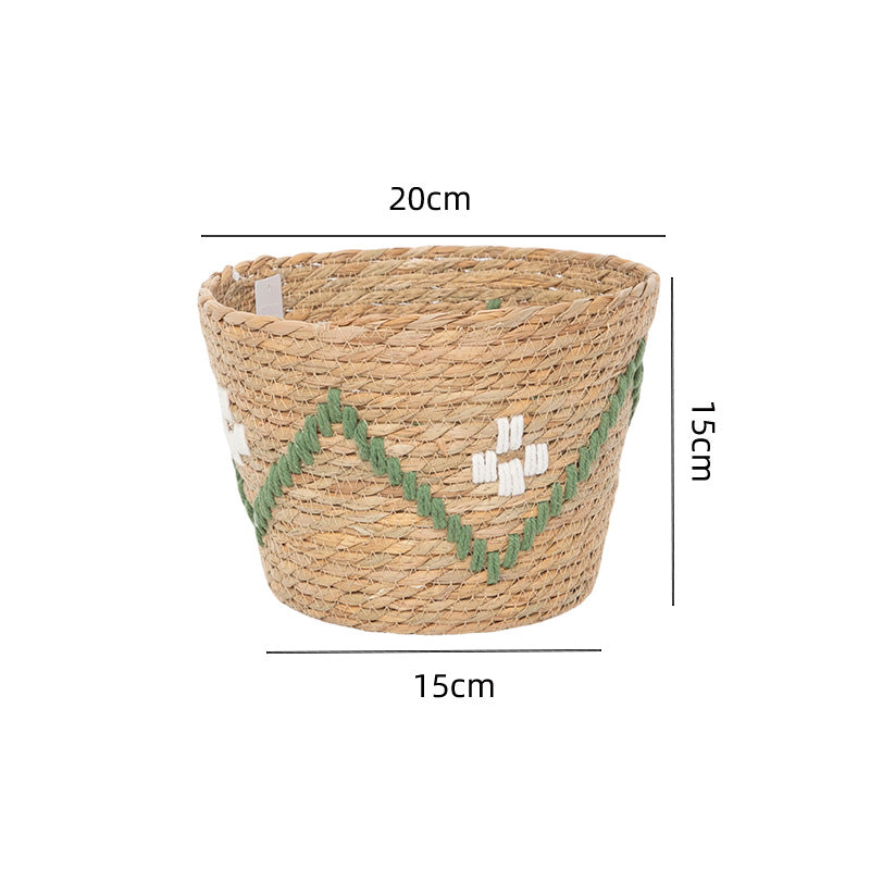 Handwoven storage basket with colorful accents