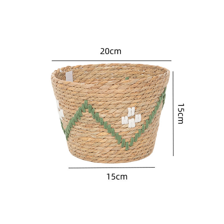 Handwoven storage basket with colorful accents