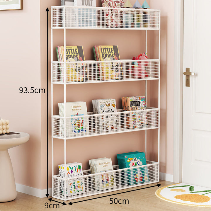 Industrial Metal Mesh Four-Tier Narrow Bookshelf Organizer