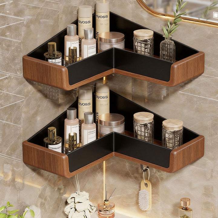 Corner Suction-Mounted Mesh Vanity Organizer with Dual Floating Baskets and Hook Rack