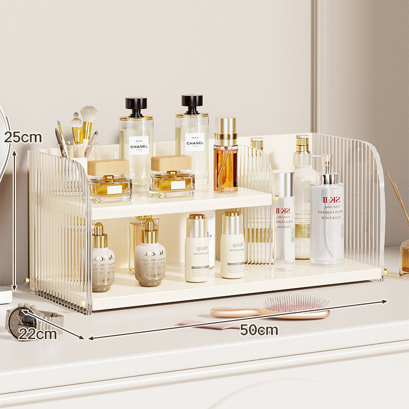 Two-Tier Countertop Beauty and Skincare Organizer with Adjustable Middle Shelf and Vertical Wire Panels