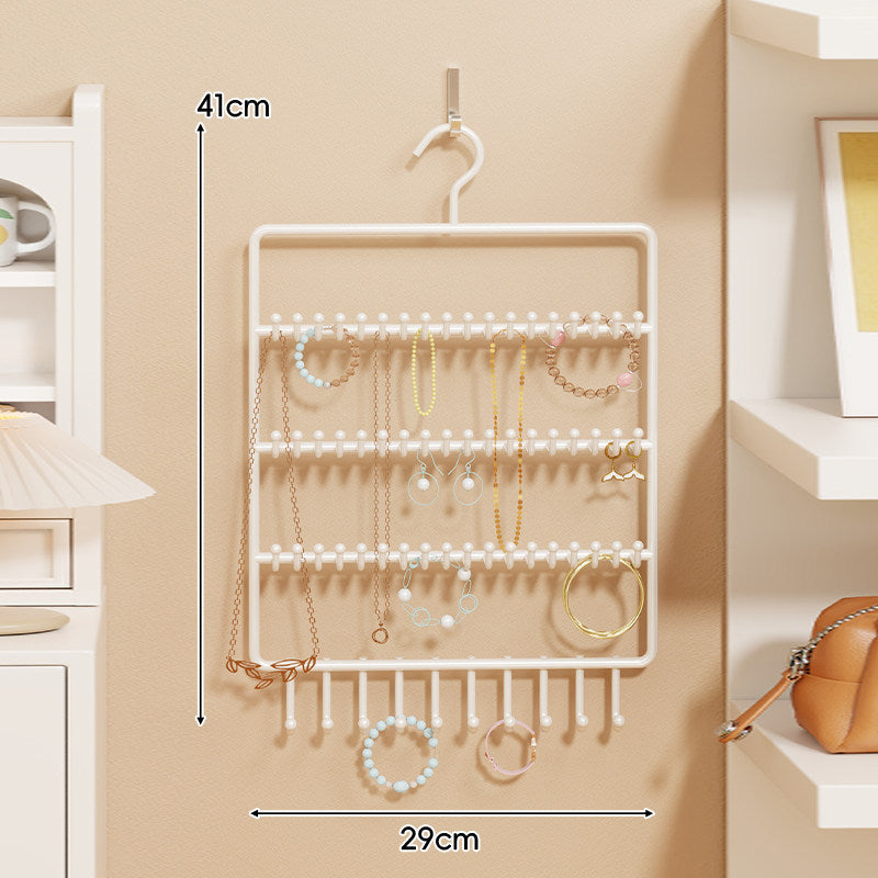 Wall-Mounted Multi-Tier Jewelry Organizer with Tiered Rods and Hanging Hooks