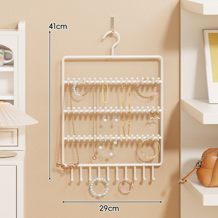 Wall-Mounted Multi-Tier Jewelry Organizer with Tiered Rods and Hanging Hooks