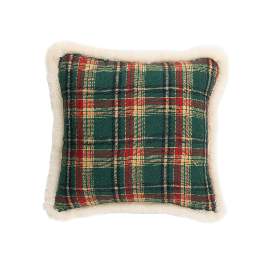Christmas tree-shaped decorative pillow made of checked flannel with embroidered appliqués